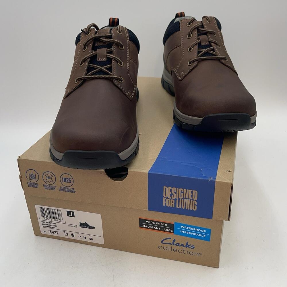 Clarks Walpath Low Shoes Mens Size 12 W Brown Leather Waterproof Oxford Comfort